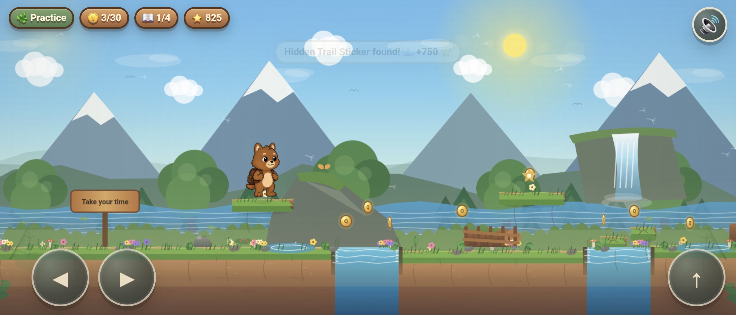 Gameplay from Quokky's Journey, showing Quokky exploring a colorful mountain trail with coins, a star, and a Take Your Time sign