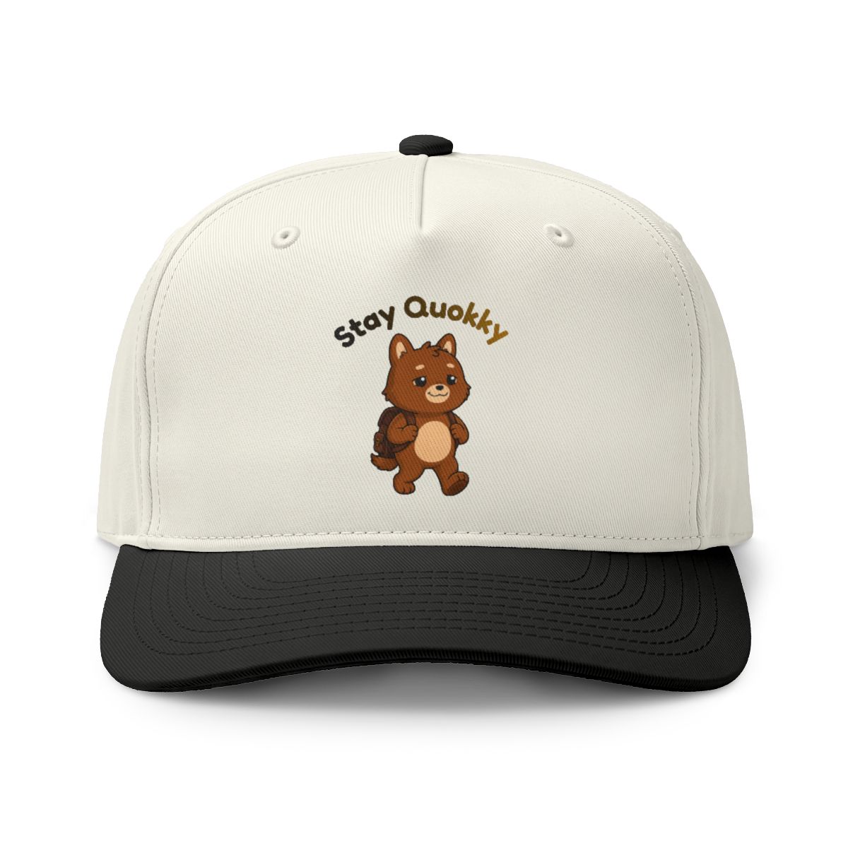 Cream and black Stay Quokky snapback hat embroidered with the cartoon quokka