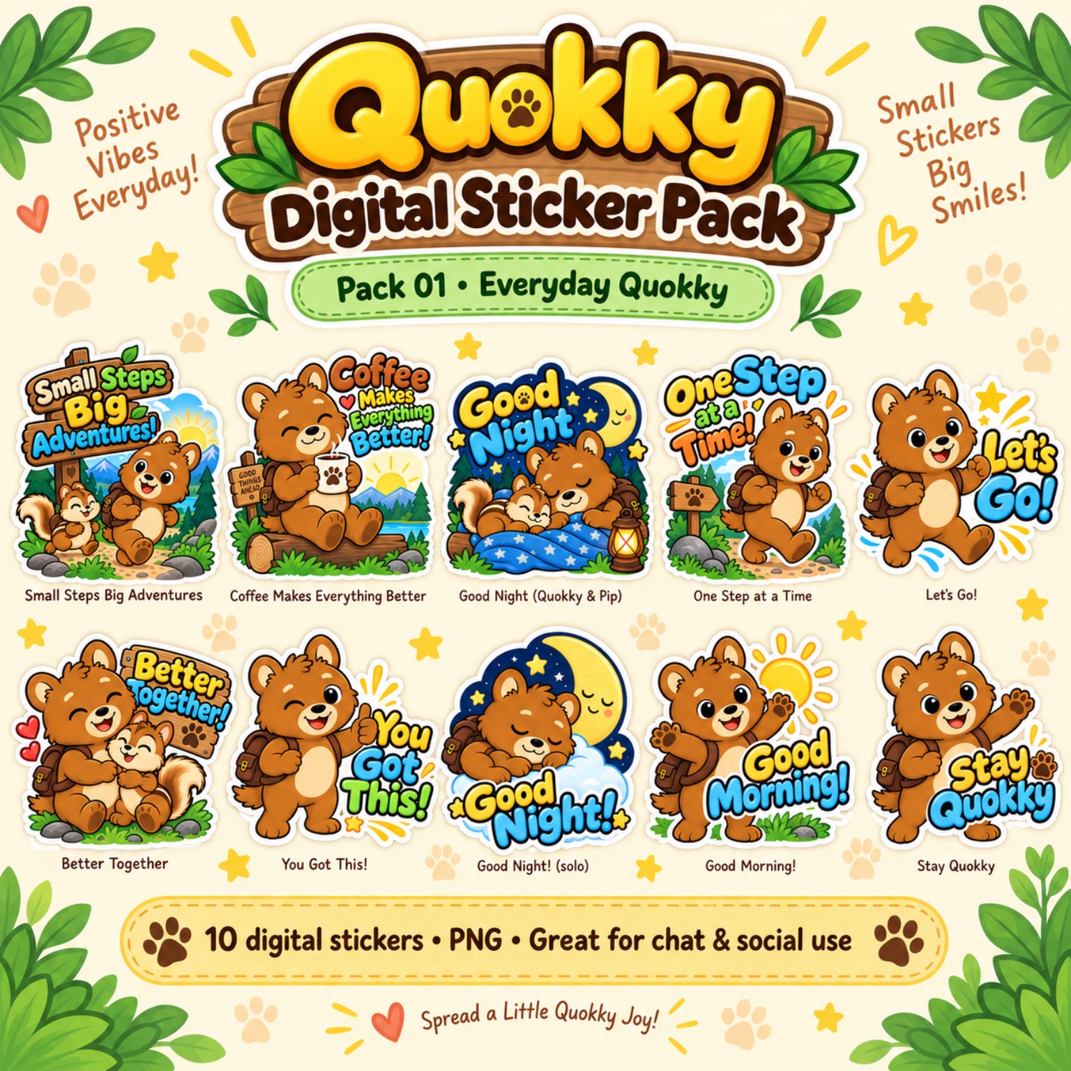 Quokky Everyday Pack 01 — the 10 digital stickers included in the pack