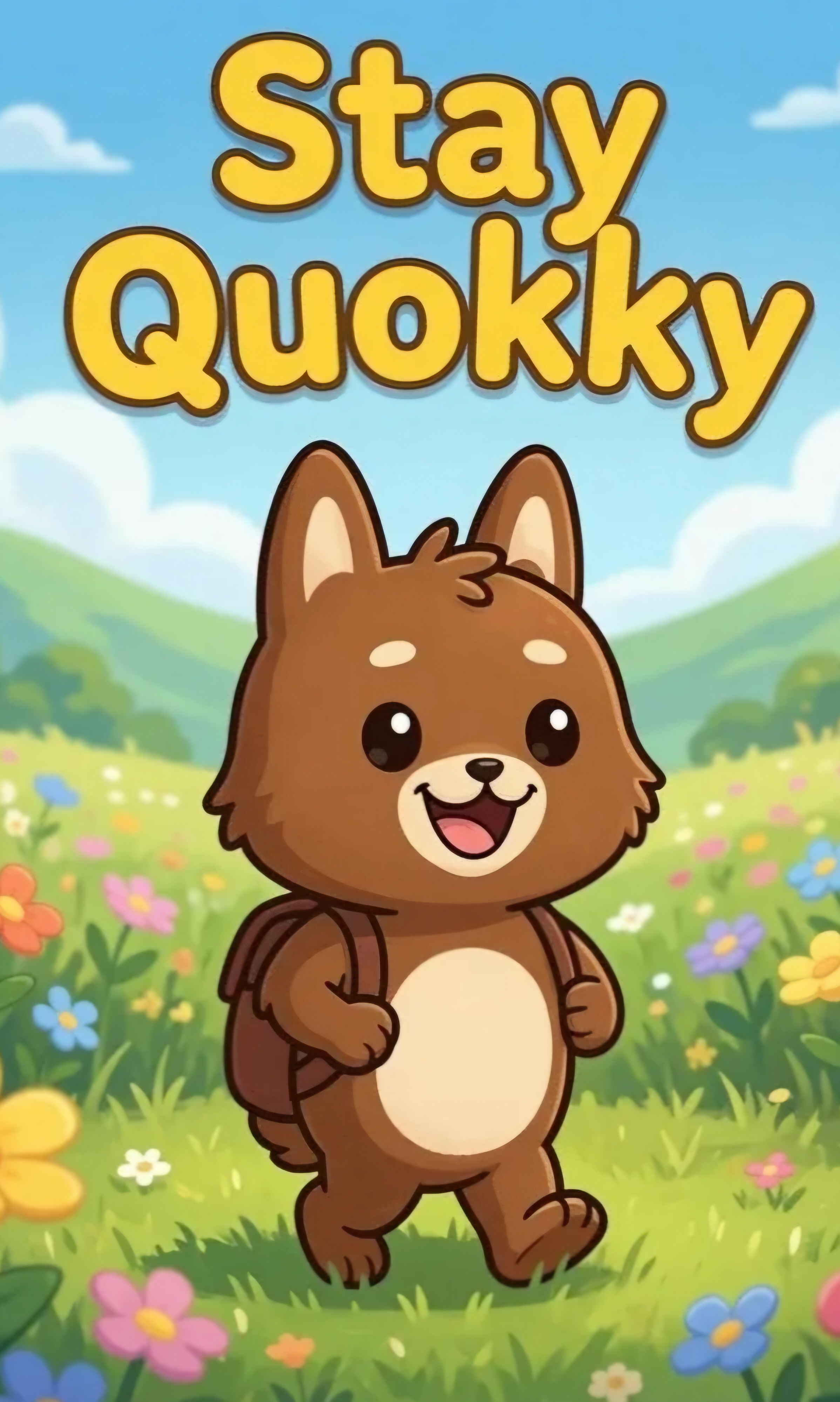 Cover of the children's book Stay Quokky, showing Quokky the quokka walking through a meadow of wildflowers