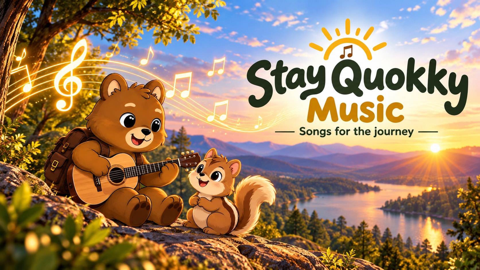 Stay Quokky Music, songs for the journey: Quokky plays guitar for Pip on a rocky overlook as glowing music notes drift over a sunset lake and mountains